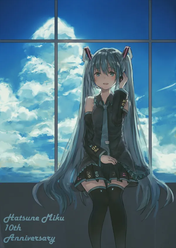 Anime girl with blue hair is sitting on a ledge in front of a large