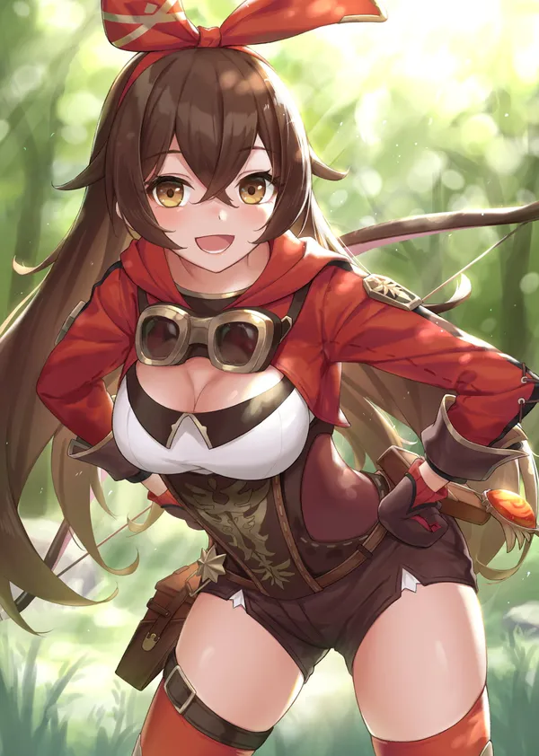 Anime girl with brown hair and amber eyes is standing in a forest