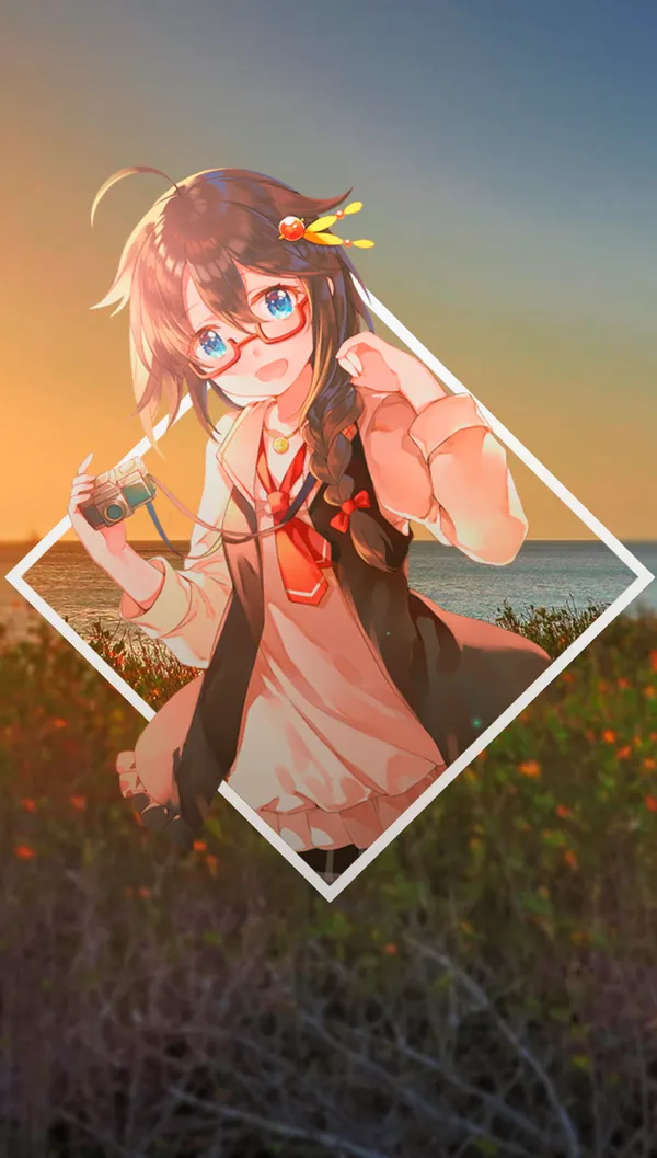 Anime girl with brown hair and blue eyes is holding a camera