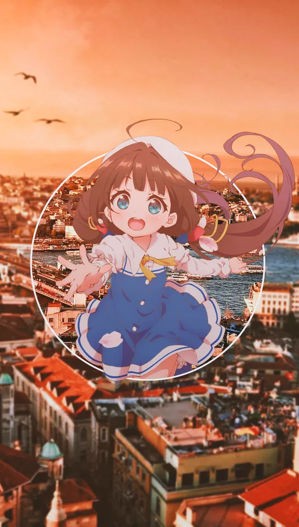 Anime girl with brown hair and blue eyes is reaching out towards the viewer