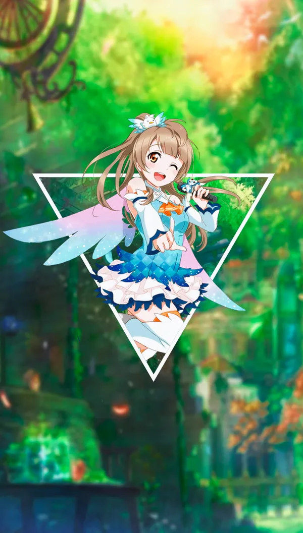 Anime girl with brown hair and blue eyes is singing in the forest