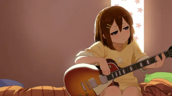 Anime girl with brown hair and brown eyes is playing the guitar