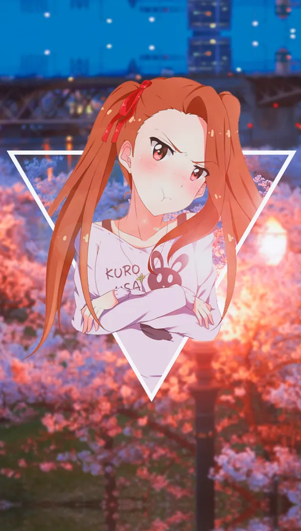 Anime girl with brown hair and red bow in her hair with a pink background