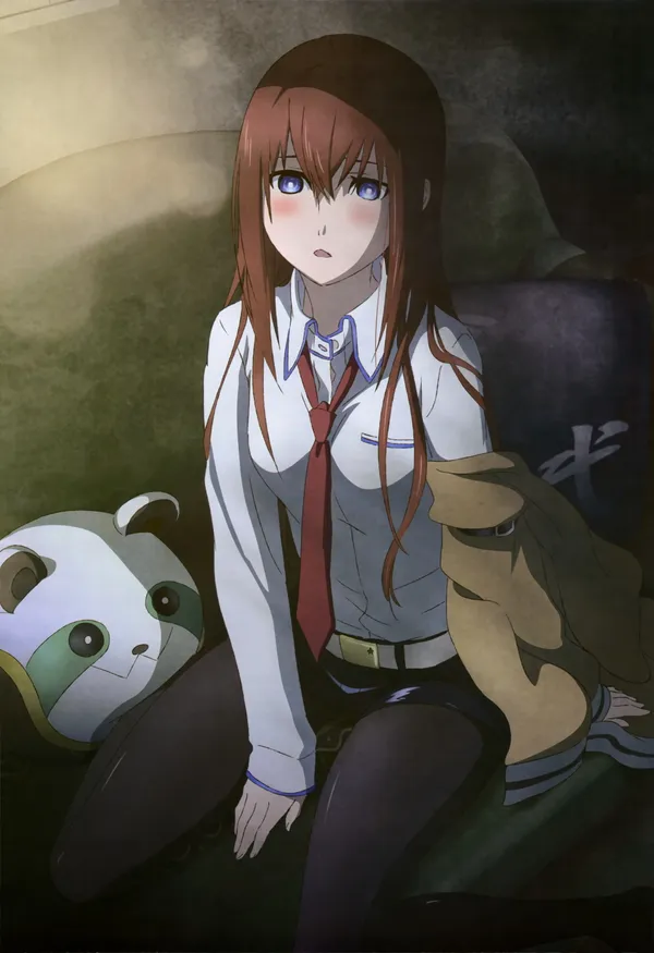 Anime girl with brown hair and red eyes is sitting on a bed