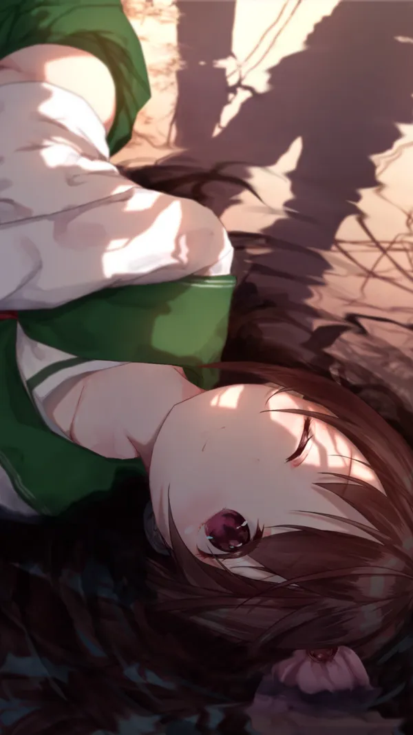 Anime girl with brown hair and red eyes lying on the ground