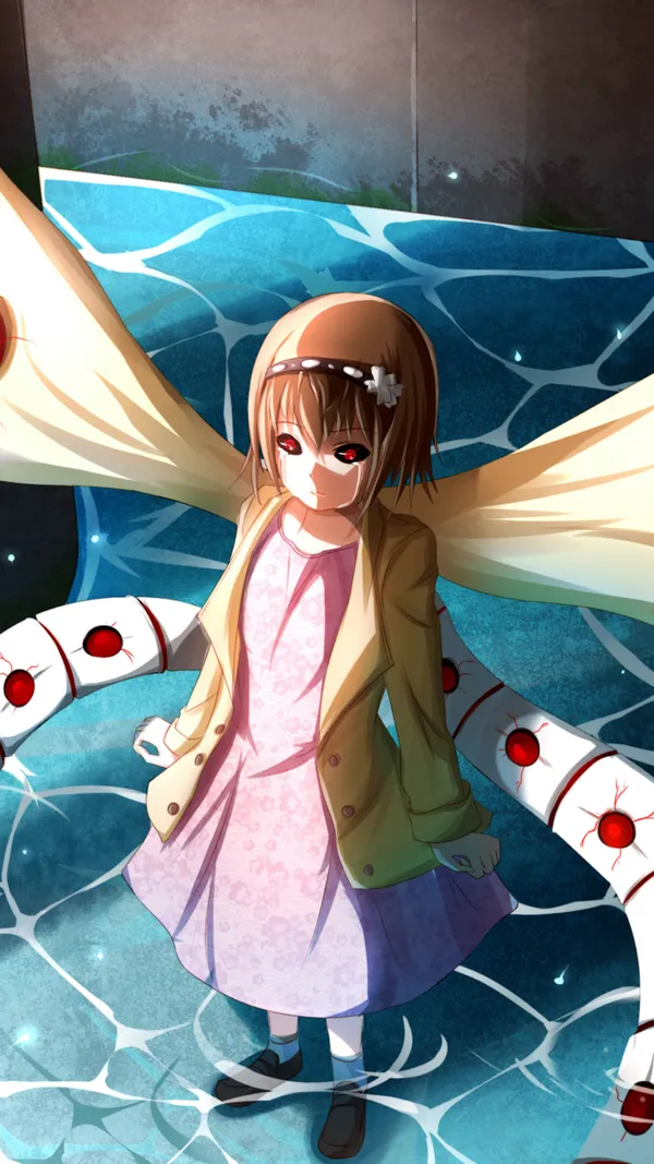 Anime girl with brown hair and red eyes standing in water
