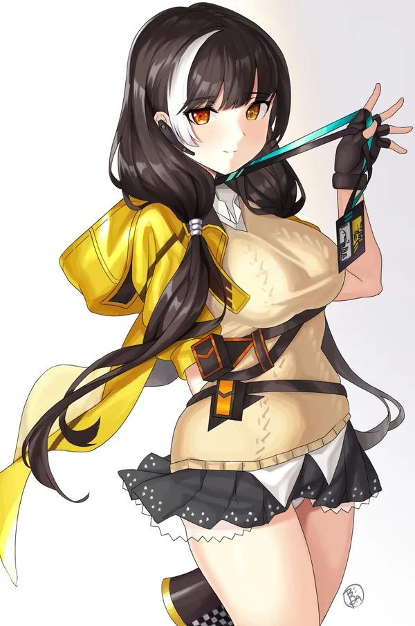 Anime girl with brown hair and yellow eyes is holding an ID card