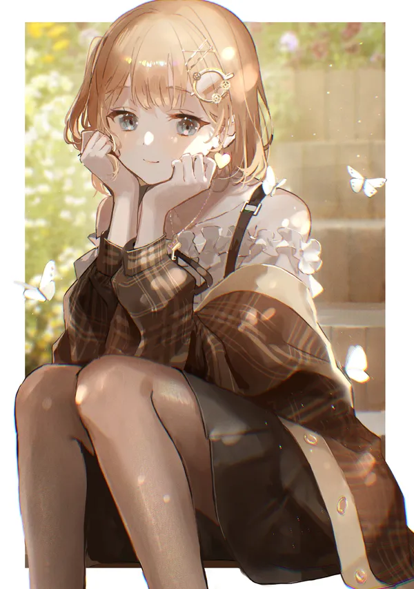 Anime girl with butterflies on a white background
