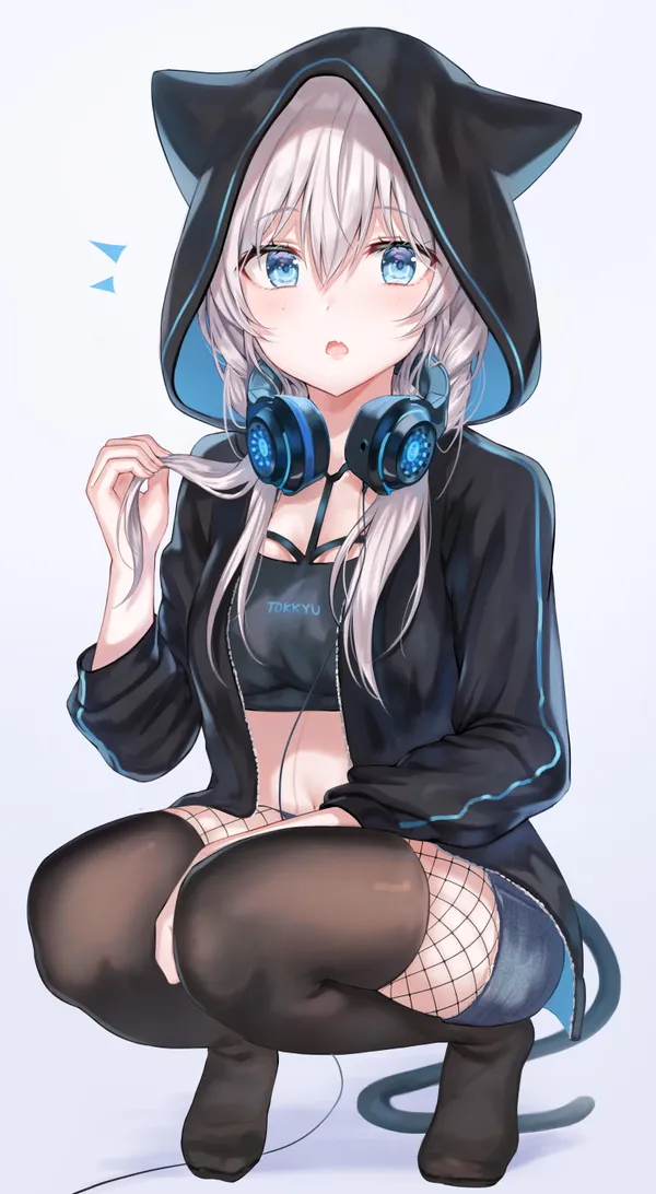 Anime girl with cat ears and a hoodie is kneeling