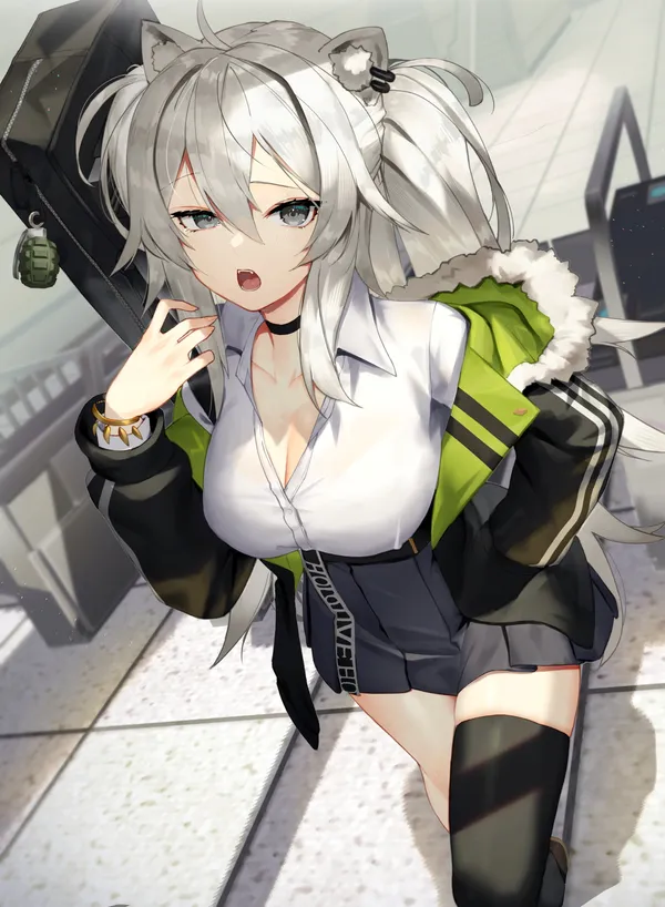 Anime girl with cat ears and a large backpack is walking down the street