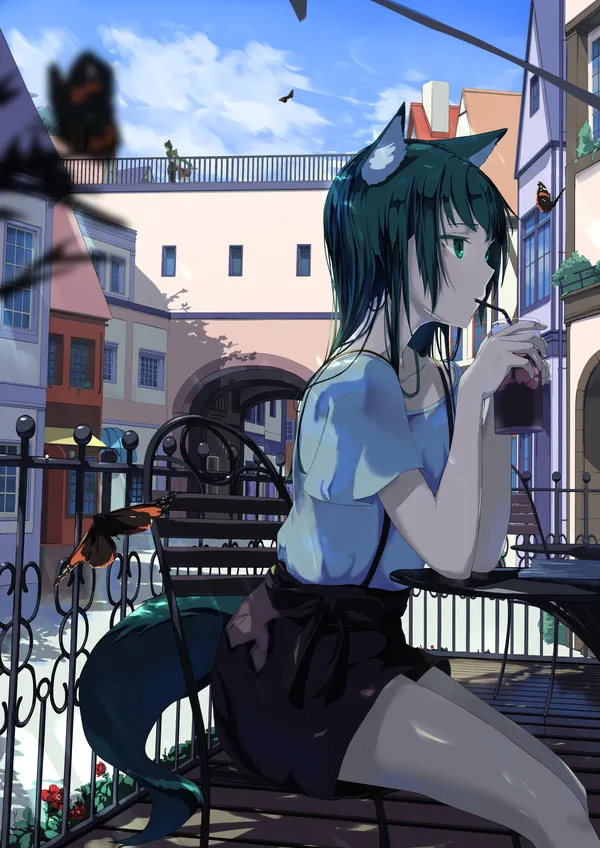 Anime girl with cat ears and a tail is drinking a beverage outdoors