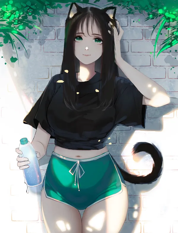 Anime girl with cat ears and a tail is drinking a bottle of water