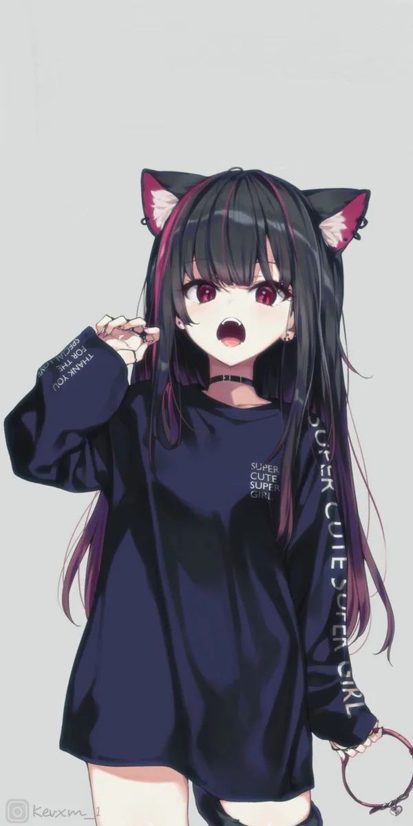 Anime girl with cat ears and red eyes sticking her tongue out