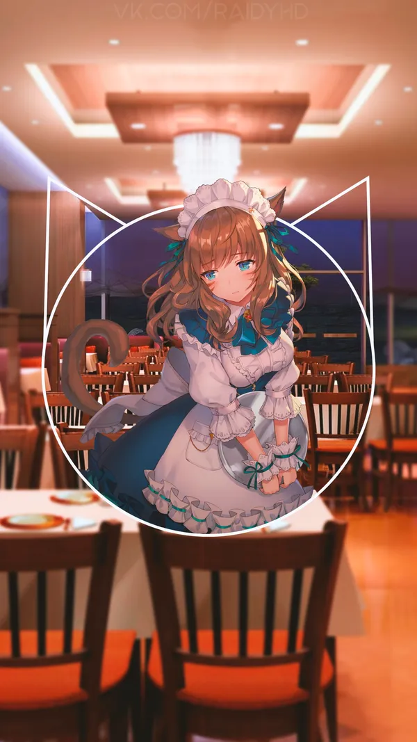 Anime girl with cat ears and tail in a restaurant