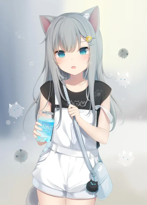 Anime girl with cat ears, gray hair, and blue eyes is holding a drink