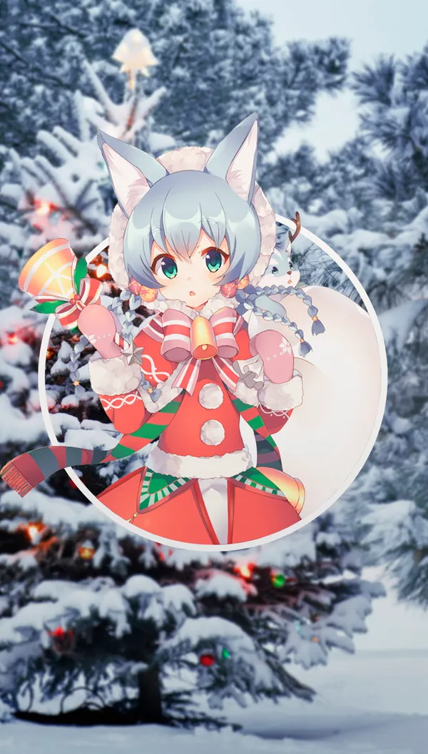 Anime girl with cat ears is celebrating Christmas in the snow