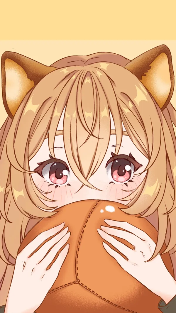 Anime girl with cat ears is hiding her face with a brown ball