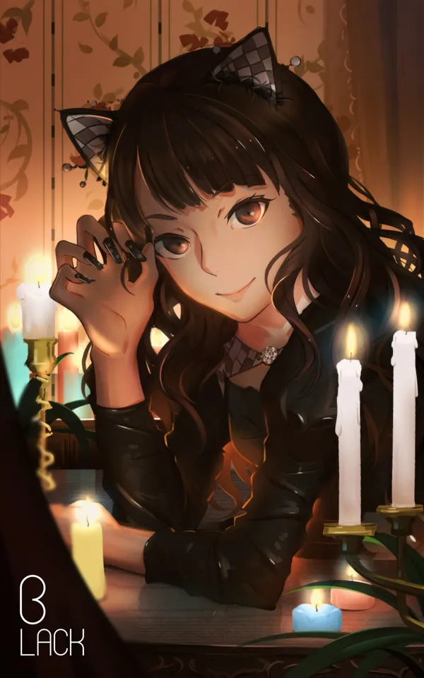Anime girl with cat ears is sitting at a table with candles