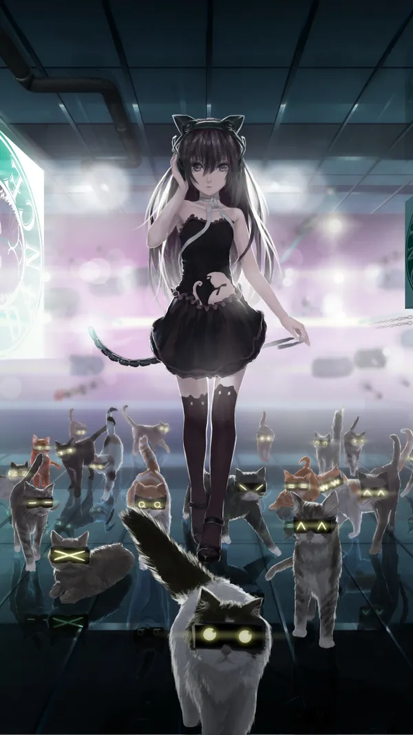 Anime girl with cat ears is walking through a crowd of cats