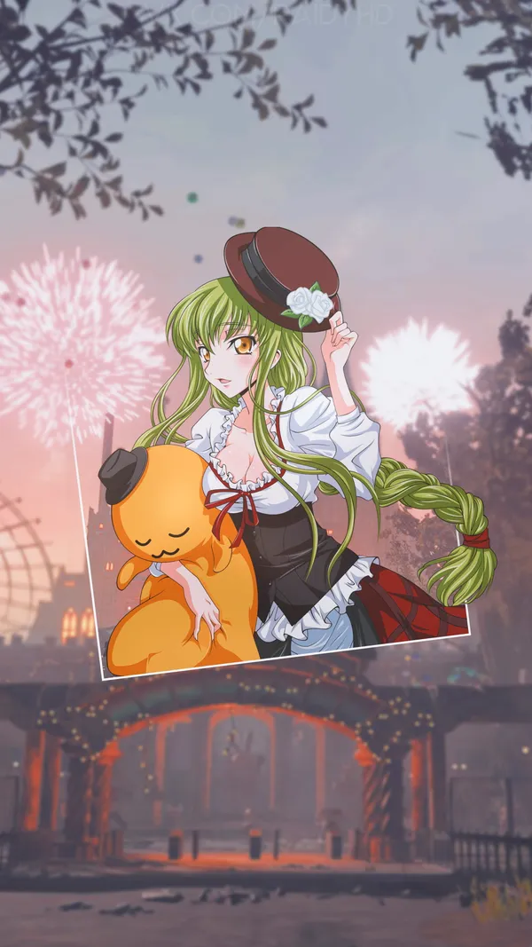 Anime girl with green hair and brown hat holding a yellow creature