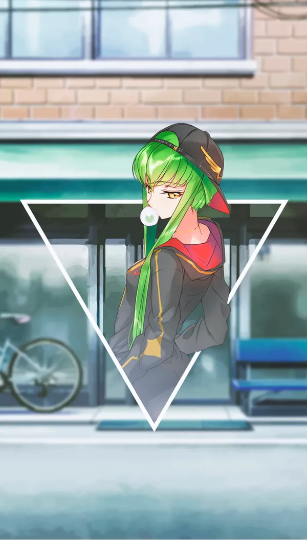 Anime girl with green hair wearing a hat and black jacket