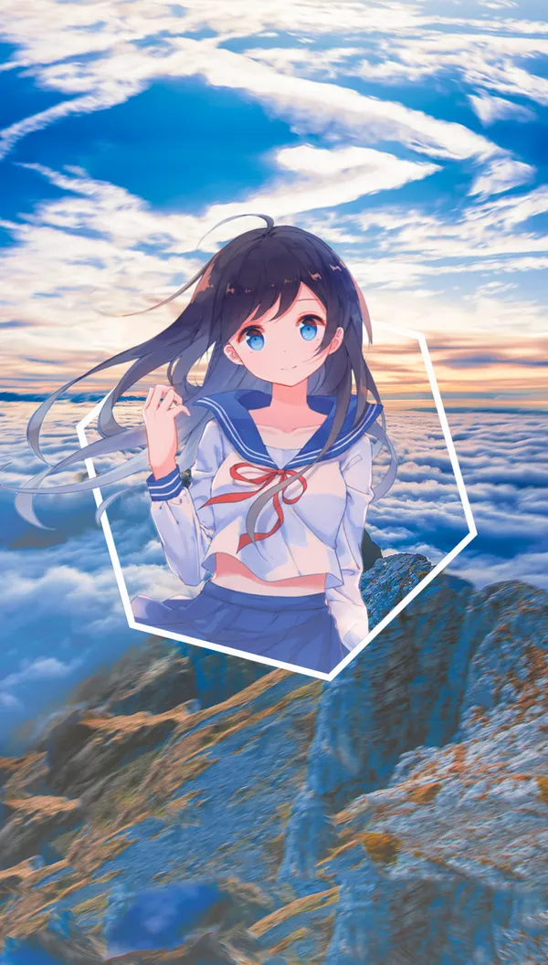Anime girl with long black hair and blue eyes is standing on a cliff
