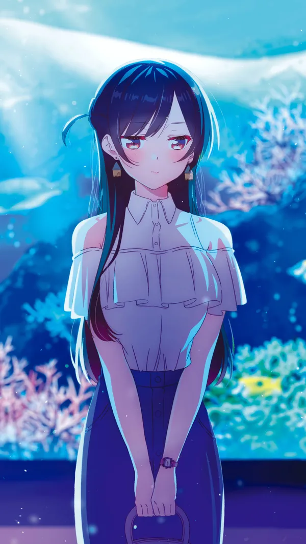 Anime girl with long black hair and brown eyes is standing in front of an