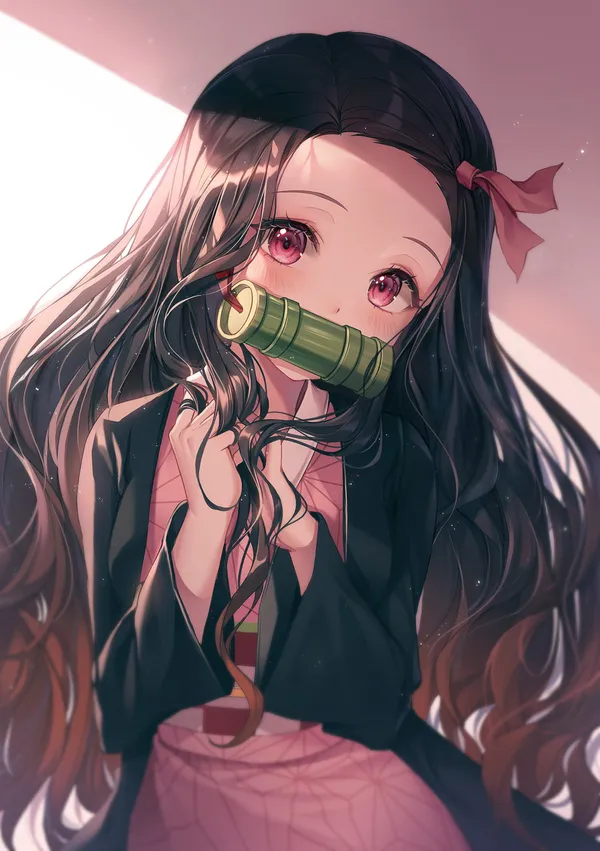 Anime girl with long black hair and pink eyes is shown