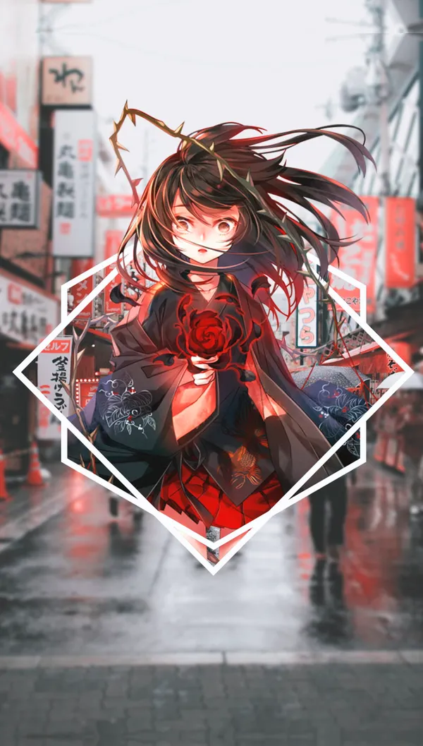 Anime girl with long black hair and red eyes is holding a rose