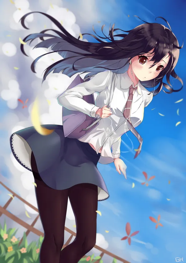 Anime girl with long black hair, brown eyes, and a white shirt is walking in
