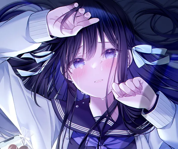 Anime girl with long black hair is crying while laying on the ground