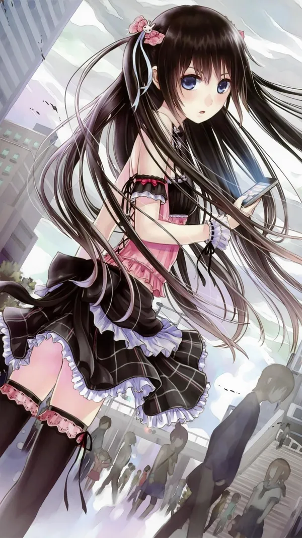 Anime girl with long black hair is holding a phone