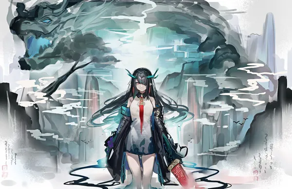 Anime girl with long black hair standing in front of a large dragon