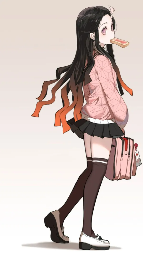 Anime girl with long black hair wearing a pink jacket and black skirt holding a