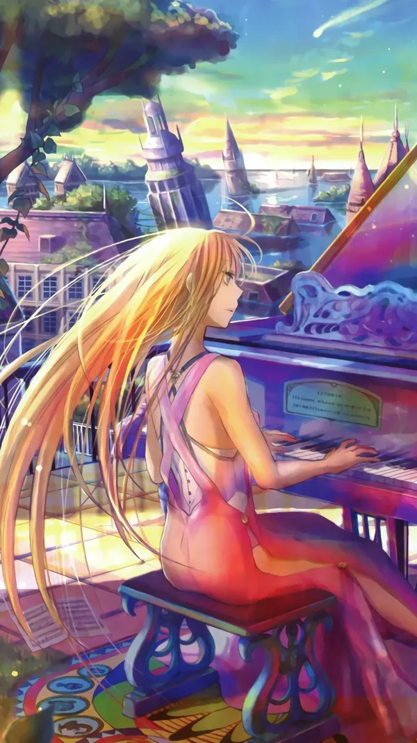 Anime girl with long blond hair is playing the piano on a balcony