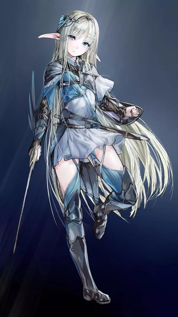 Anime girl with long blonde hair and blue eyes, wearing armor and holding a sword