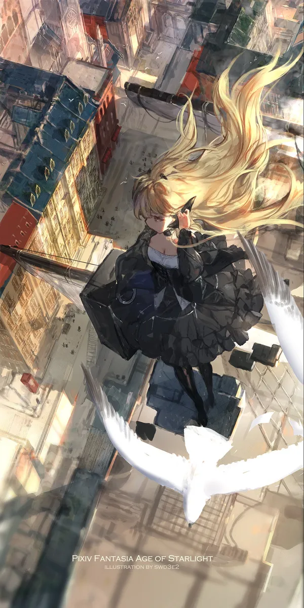 Anime girl with long blonde hair is standing on a rooftop in a steampunk city