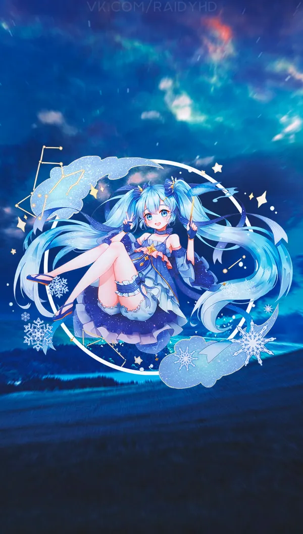 Anime girl with long blue hair and blue eyes, in a blue dress with a