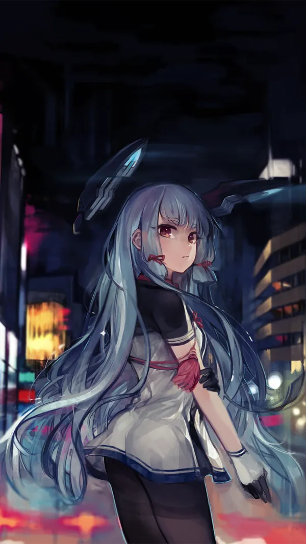 Anime girl with long blue hair and red eyes is walking down a city street