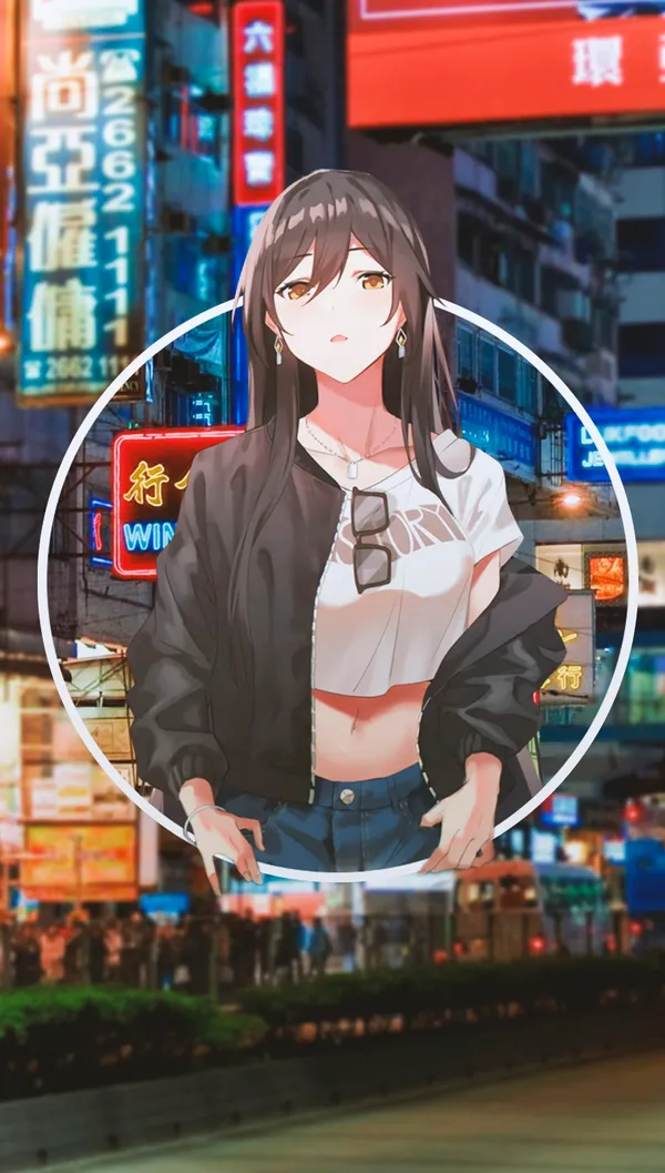Anime girl with long brown hair and brown eyes, wearing a white crop top, blue
