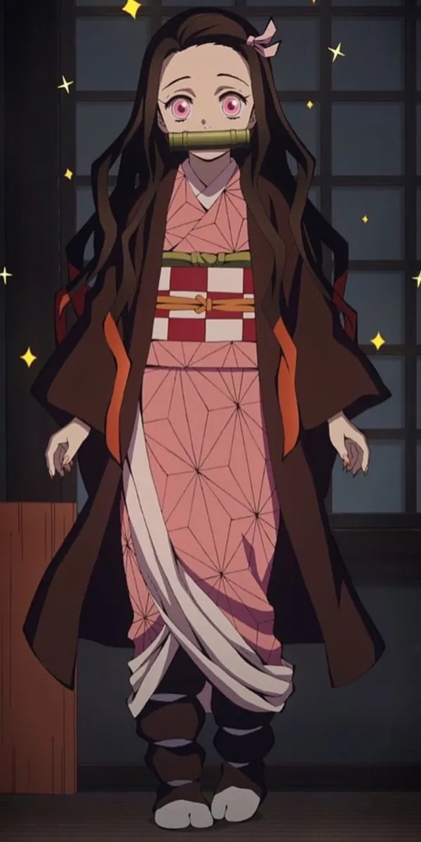 Anime girl with long brown hair and pink eyes wearing a pink kimono