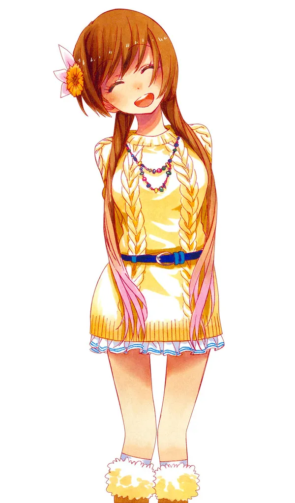Anime girl with long brown hair and pink tips wearing a yellow sweater and blue