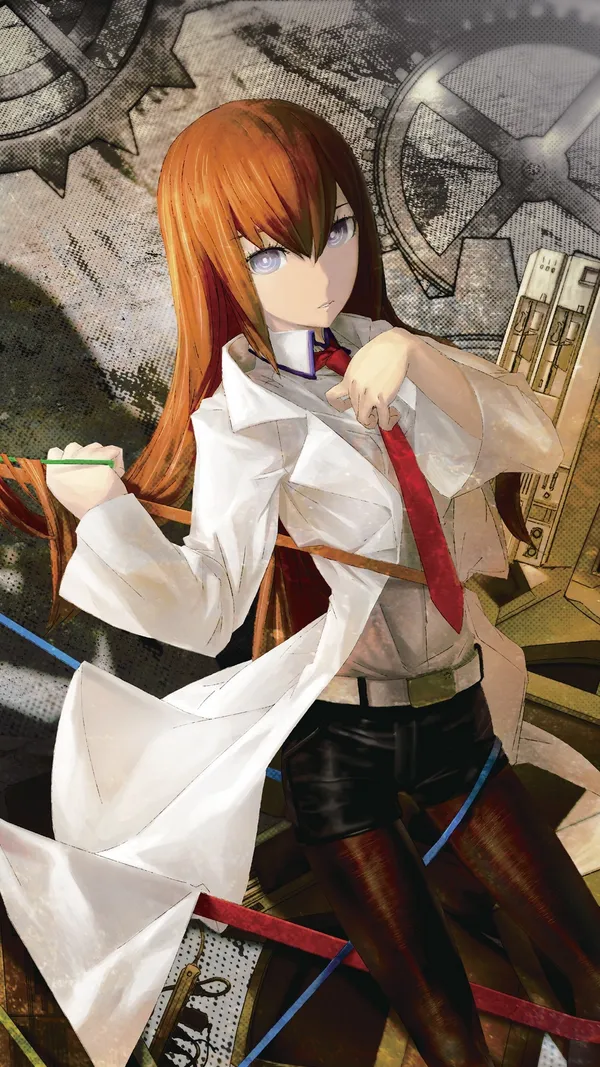 Anime girl with long brown hair and red eyes