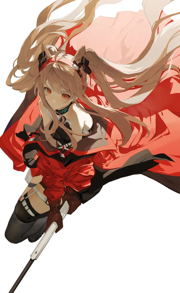 Anime girl with long brown hair and red eyes holding a gun
