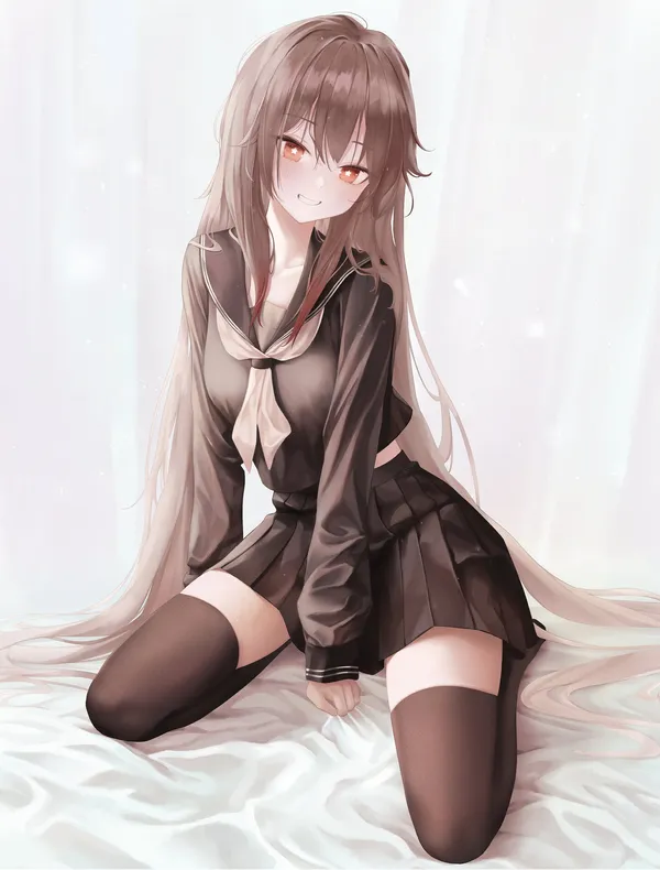 Anime girl with long brown hair and red eyes is kneeling on a bed