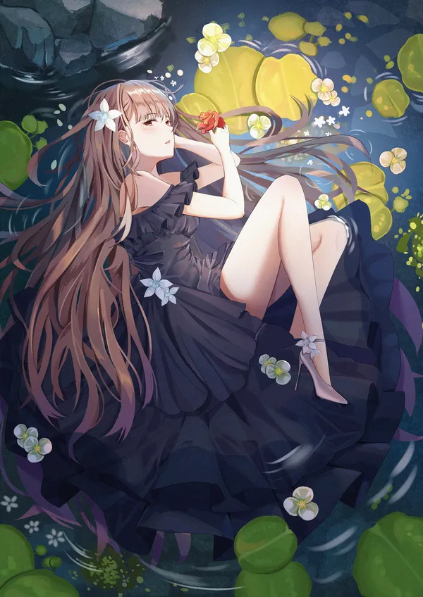 Anime girl with long brown hair and red eyes, wearing a black dress, floating on