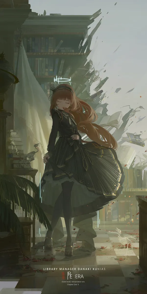 Anime girl with long brown hair in a black and green dress standing in a