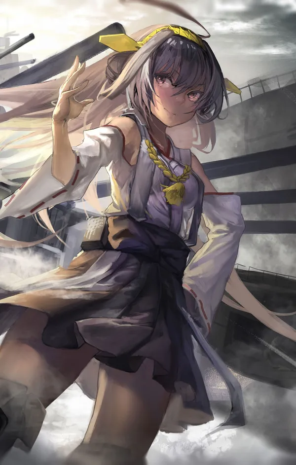 Anime girl with long brown hair in a white kimono stands on a ship