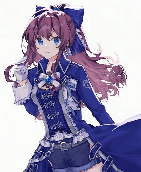 Anime girl with long brown hair wearing a blue and white outfit