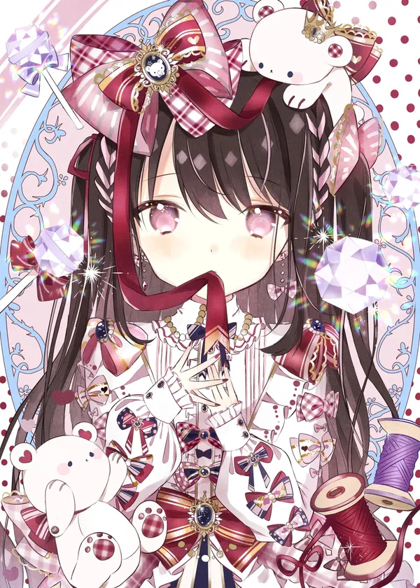 Anime girl with long brown hair wearing a pink and white dress with a big